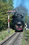 99 2323 mit P 14141 am Einfahrsignal aus Richtung Bad Doberan in Heiligendamm. (04.05.1989) <i>Foto: Slg. Wolfgang Bügel</i>