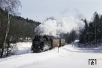 99 6001 auf der Selketalbahn zwischen Güntersberge und Stiege bei Friedrichshöhe. (05.01.1991) <i>Foto: Martin Robinson</i>