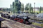 Am Kohlenhof im Bw Berlin-Pankow begegnen sich zwei 52er, von denen 52 8136 der "Jugend Dienstplan-Gemeinschaft Bw Pankow" angehört und sich hübsch herausgeputzt hat. Die Lok war erst ein Jahr zuvor aus 52 1175 (DMW Posen, Baujahr 1943) rekonstruiert worden.  (13.08.1966) <i>Foto: Klaus D. Holzborn</i>