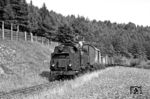 Am nächsten Tag widmete man sich wieder der Schmalspurbahn Eisfeld - Schönbrunn. Der Muskelkater vom Vortag war in den Beinen noch zu spüren und bis zu dieser Fotostelle bei Brünn war es nicht so weit. Von Eisfeld kommend wurde 99 236 kurz vor dem Bü der Brünner Straße nach Crock abgepasst. (04.07.1968) <i>Foto: Wolfgang Bügel</i>