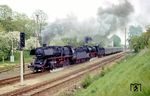 50 1298 und 35 1113 (beide vom Bw Nossen) verlassen mit P 15768 nach Riesa den Bahnhof Lommatzsch. (11.05.1983) <i>Foto: Andreas Höfig</i>