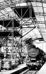 1955 begann im Leipziger Hauptbahnhof die Wiederherstellung der im Krieg zerstörten Verglasung des Hallendaches. Währenddessen ging der Betrieb auf den Gleisen unverändert weiter. 52 1180 vom Bw Leipzig Bayer Bf fährt am Bahnsteig 16 ein. Sie wurde während ihrer Zeit als Kolonnenlok mit einer Behelfsrauchkammertür ausgestattet.  (02.06.1955) <i>Foto: Gerhard Illner</i>