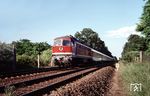 132 148 (Bw Erfurt) passiert mit IC 650 "Andreas Schubert" (Dresden - Erfurt - Bebra - Frankfurt/M - Saarbrücken) die ehemaligen Grenzanlagen bei Hönebach. (1992) <i>Foto: Dr. Steinke</i>
