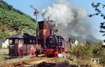 Gleichzeitig mit der Plandampfveranstaltung im Saaletal feierte auch die Orlabahn von Orlamünde nach Pößneck ihr 100-jähriges Jubiläum. Hierzu verkehrte die DR-Traditionslok 74 1230 mit Sonderzügen auf der Bahn, die hier bei der Ausfahrt aus Orlamünde erwischt wurde. (04.10.1989) <i>Foto: Hans-Jürgen Müller</i>