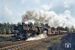 Die mit Giesl-Ejektor ausgerüstete Dresdner 52 6314 (BMAG, Baujahr 1943) vor einem Güterzug bei Dresden-Klotzsche. (16.04.1974) <i>Foto: Robin Fell</i>