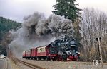 Wenigstens das Einzelstück 99 6001 war der Selketalbahn erhalten geblieben. Hinter Alexisbad befährt sie mit P 14459 das Streckengleis nach Harzgerode. Davor verläuft das Gleis nach Stiege. (20.02.1990) <i>Foto: Wolfgang Bügel</i>