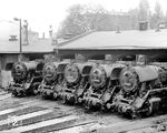 Vor dem Lokschuppen des Bw Eberswalde wurden die hier beheimateten 44 0195, 44 0568, 44 0614, 44 0592 und 44 0235 zu einer Lokparade aufgestellt und aus dem Fenster der Lokleitung abgelichtet.  (08.09.1981) <i>Foto: Hans-Jürgen Trunk</i>