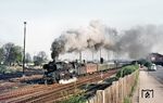 03 2123 (Bw Halle/Saale P) verlässt mit dem D 452 den Bahnhof Guben. Ab Bebra verkehrte der Zug als D 198 nach Mönchengladbach. (04.1970) <i>Foto: Robin Fell</i>