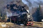 99 7235 macht mit dem P 14433 nach Schierke ordentlich Dampf bei der Ausfahrt aus Drei Annen Hohne. (21.02.1990) <i>Foto: Wolfgang Bügel</i>