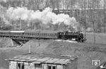 86 1001 mit einem Personenzug von Schwarzenberg nach Annaberg-Buchholz an der Brücke über die Große Mittweida bei Raschau. Eine Fotostelle, die heute völlig zugewachsen ist. (01.04.1975) <i>Foto: Joachim Schmidt</i>