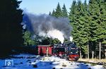 Bei Elend fanden sich noch die letzten Schneereste, als 99 7239 mit P 14445 durch den Wald dampfte. (22.02.1990) <i>Foto: Wolfgang Bügel</i>
