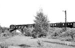 99 545 überquert mit einem Personenzug nach Altefähr bei Putbus die normalspurige Bahnstrecke nach Bergen auf Rügen. (21.08.1966) <i>Foto: Gerd Wolff</i>