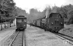 Zugkreuzung im Bahnhof Heiligendamm zwischen P 4609 nach Ostseebad Kühlungsborn (rechts) und P 4610 nach Bad Doberan. (24.08.1966) <i>Foto: Gerd Wolff</i>