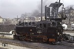 Die im Juni 1953 abgelieferte Neubaulok der LKM Babelsberg im Bw Radebeul-Ost. (03.1990) <i>Foto: Will A. Reed</i>