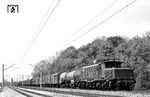 254 052 (Indienststellung als E 94 052 im Dezember 1941 beim Bw Pressig-Rothenkirchen) war ebenfalls ein Reparationsrückkehrer aus der UdSSR. Die Engelsdorfer Maschine (ab 01.06.1970: 254 052-4) bespannt hier den Dg 43485 bei Neudietendorf. (28.05.1987) <i>Foto: Thomas Fischer</i>
