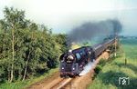 Westlich von Triptis kommt 01 0510 mit dem Frühzug E 800 nach Leipzig angedampft. (31.05.1981) <i>Foto: Helmut Dahlhaus</i>