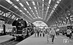 01 0522 ist mit E 800 aus Saalfeld auf Gleis 4 im Leipziger Hauptbahnhof eingefahren. Die Reisenden streben zum Ausgang. (1981) <i>Foto: Karsten Risch</i>