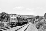 DR 119 091 (Bw Probstzella) mit einem Museumszug bei Jena-Winzerla. Über die Brücke führt die Bahnstrecke nach Jena-West. (02.09.1985) <i>Foto: Thomas Fischer</i>